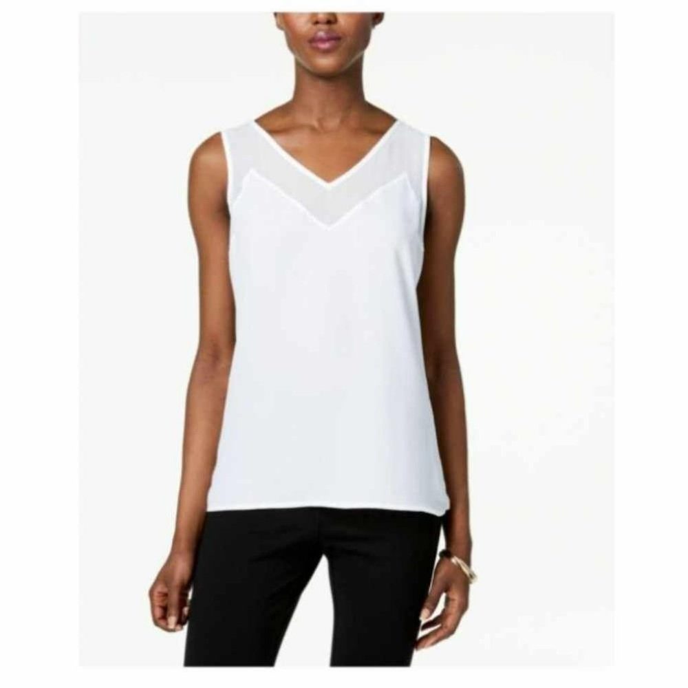 I.N.C White V-Neck Contrast Sheer Trim Cami Tank size XS